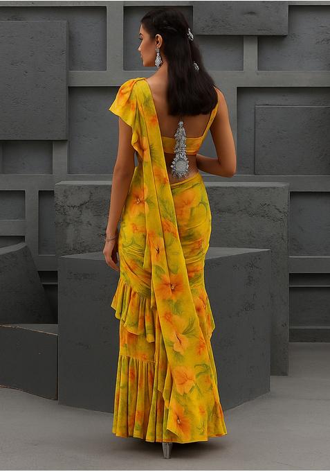 Yellow Sequin Embroidered Chinon Pre Draped Saree Set