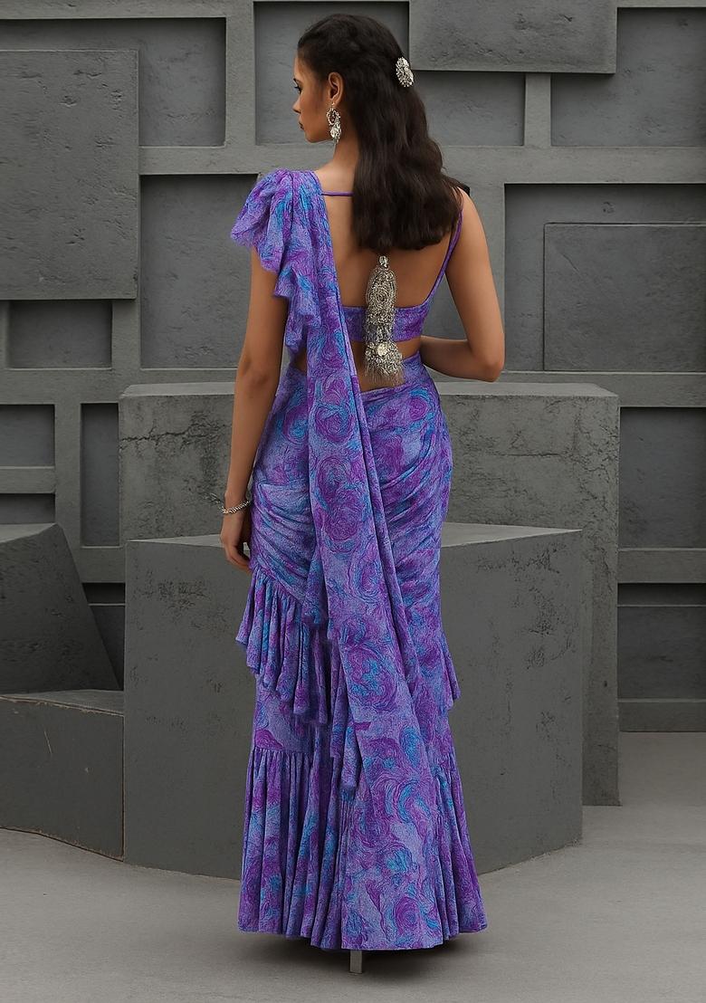 Purple Sequin Embroidered Chinon Pre Draped Saree Set - Indya