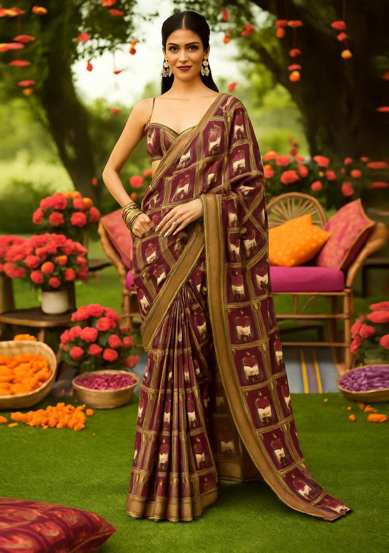 Maroon Printed Tussar Pre Draped Saree Set