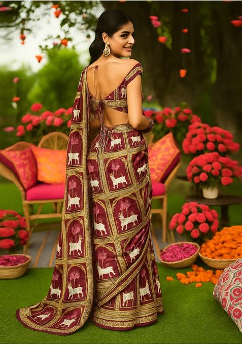 Maroon Printed Tussar Pre Draped Saree Set