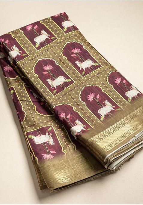 Maroon Printed Tussar Pre Draped Saree Set