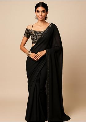 Black Embroidered Blouse Georgette Pre Draped Saree Set