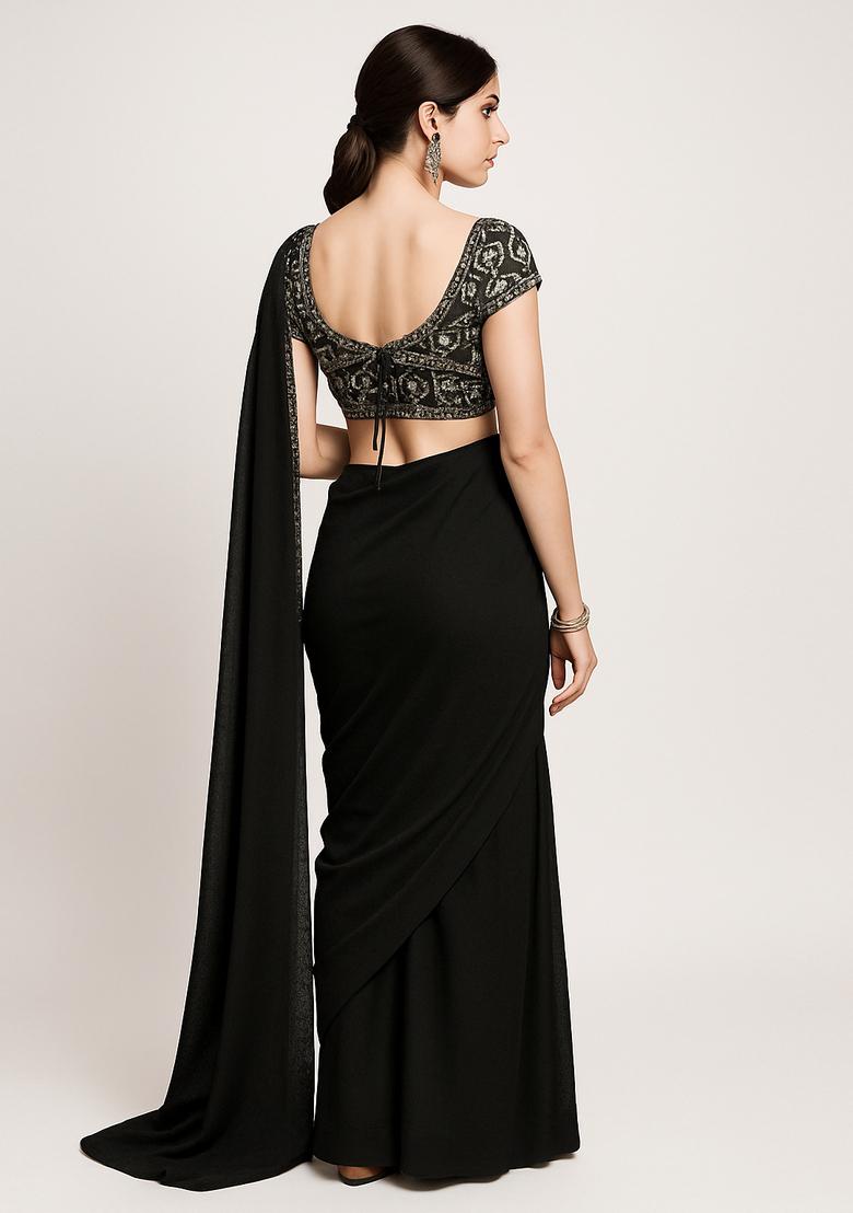 Black Embroidered Blouse Georgette Pre Draped Saree Set
