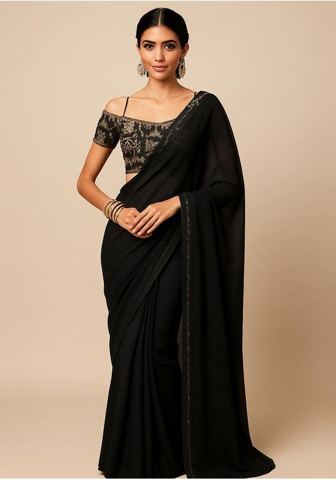 Black Embroidered Blouse Georgette Pre Draped Saree Set