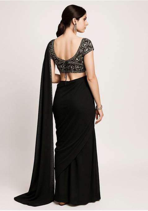 Black Embroidered Blouse Georgette Pre Draped Saree Set