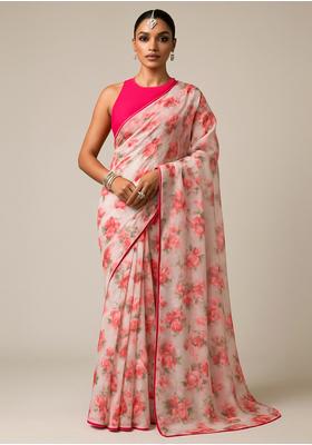 Pink Printed Organza Pre Draped Saree Set