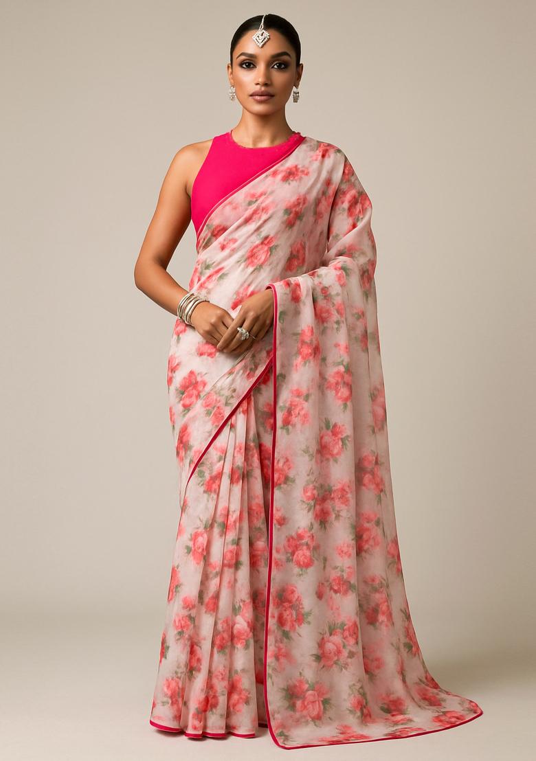 Pink Printed Organza Pre Draped Saree Set