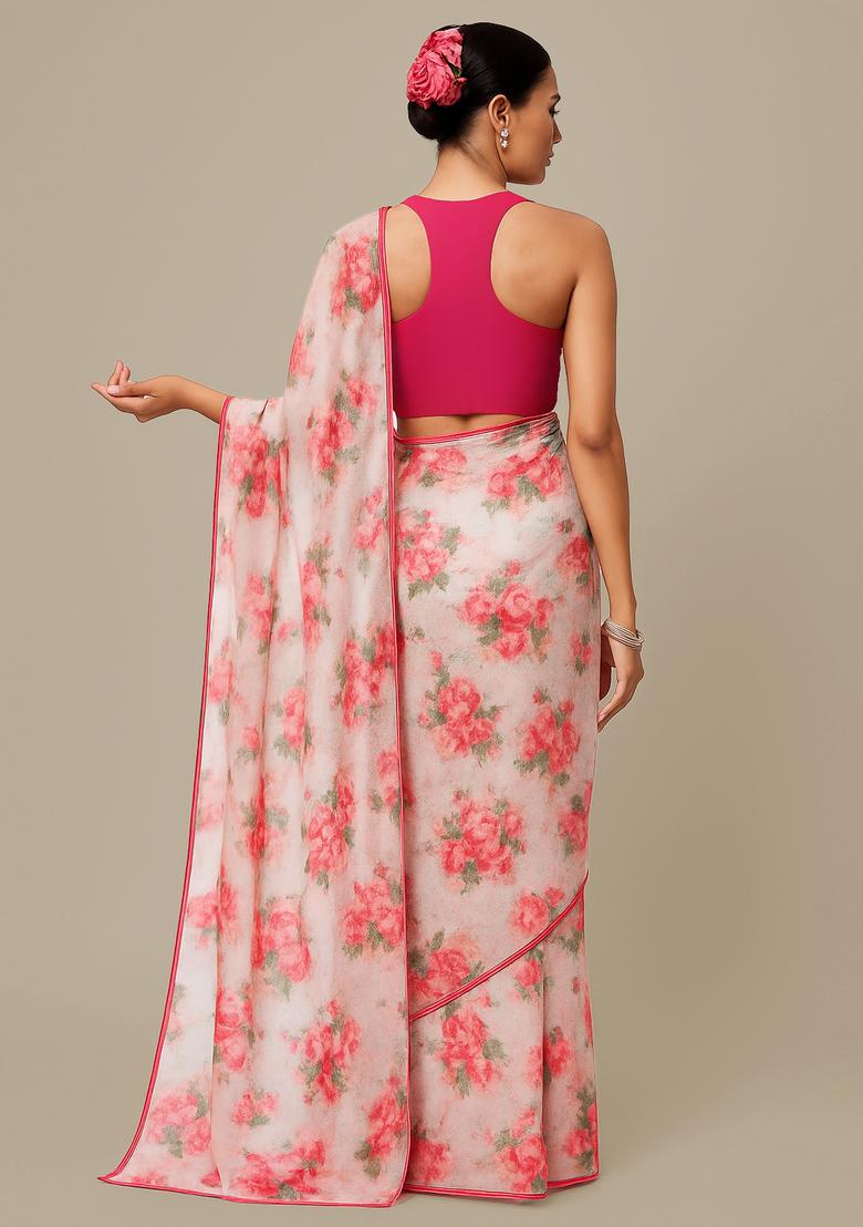 Pink Printed Organza Pre Draped Saree Set