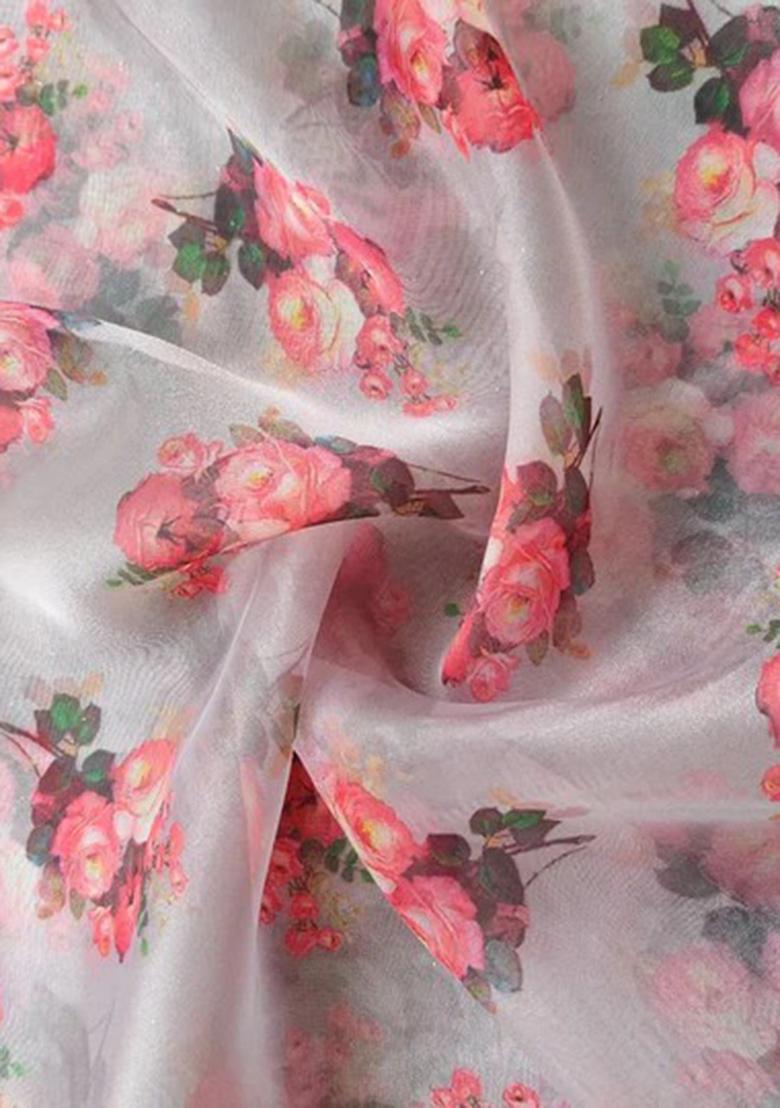 Pink Printed Organza Pre Draped Saree Set