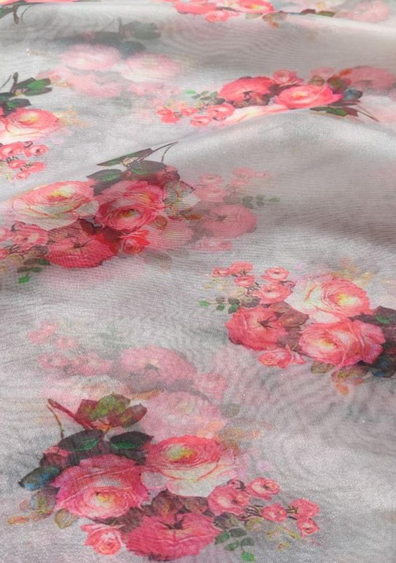 Pink Printed Organza Pre Draped Saree Set