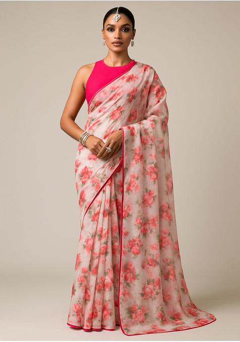 Pink Printed Organza Pre Draped Saree Set