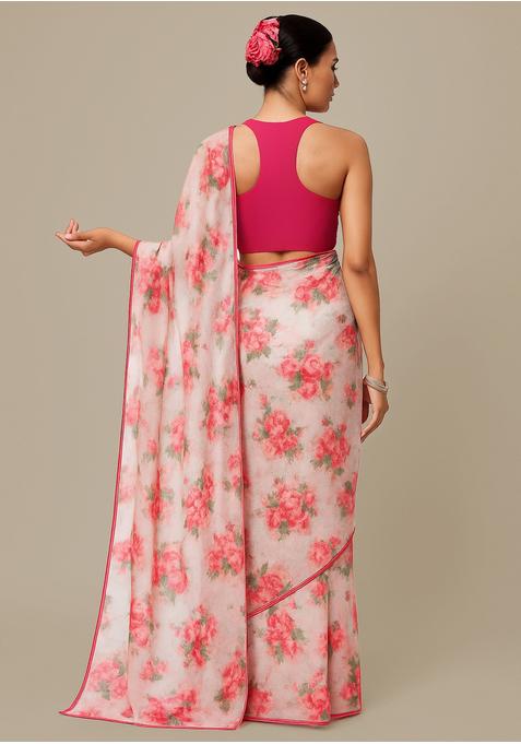 Pink Printed Organza Pre Draped Saree Set
