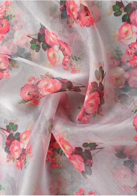 Pink Printed Organza Pre Draped Saree Set