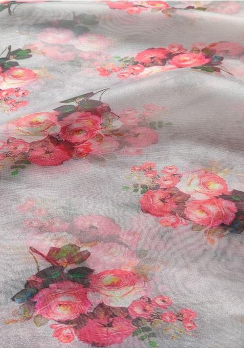 Pink Printed Organza Pre Draped Saree Set