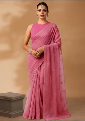 Pink Sequin Embroidered Organza Pre Draped Saree Set