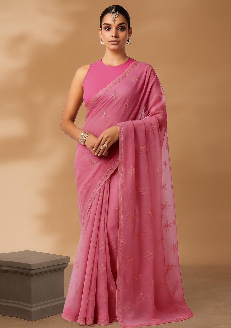 Pink Sequin Embroidered Organza Pre Draped Saree Set