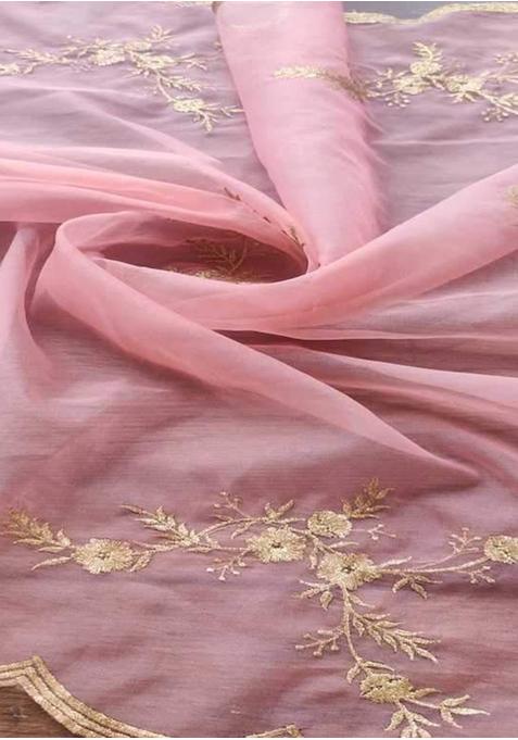 Pink Sequin Embroidered Organza Pre Draped Saree Set