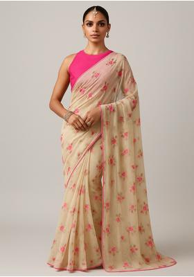 Beige Embroidered Organza Pre Draped Saree Set