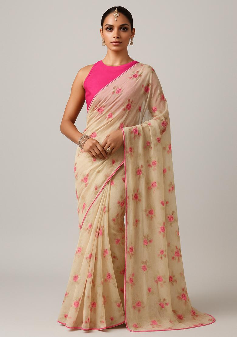 Beige Embroidered Organza Pre Draped Saree Set