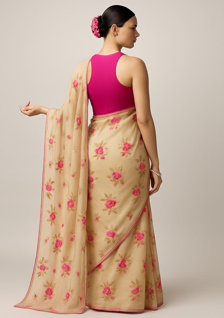 Beige Embroidered Organza Pre Draped Saree Set - Indya