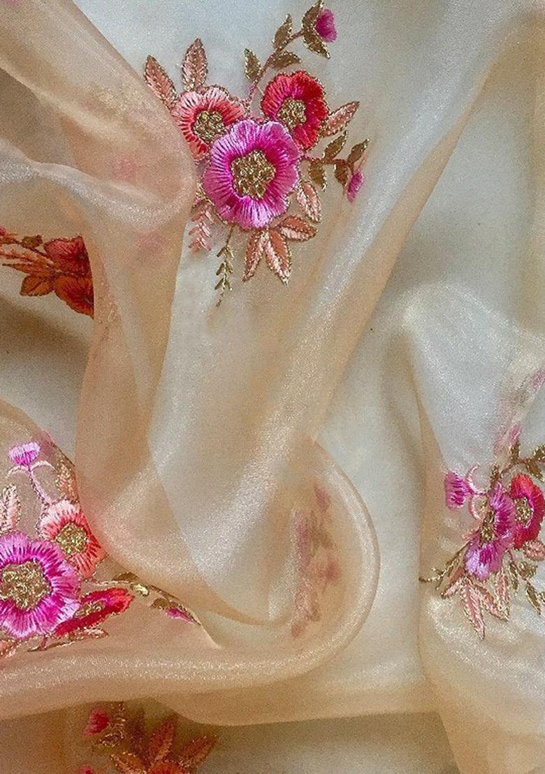 Beige Embroidered Organza Pre Draped Saree Set