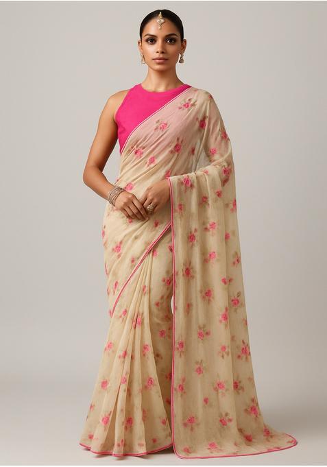 Beige Embroidered Organza Pre Draped Saree Set