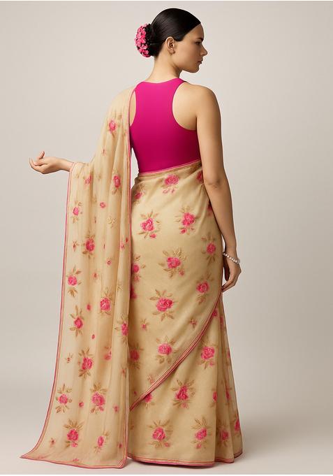 Beige Embroidered Organza Pre Draped Saree Set