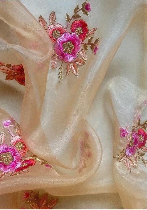 Beige Embroidered Organza Pre Draped Saree Set