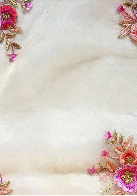 Beige Embroidered Organza Pre Draped Saree Set