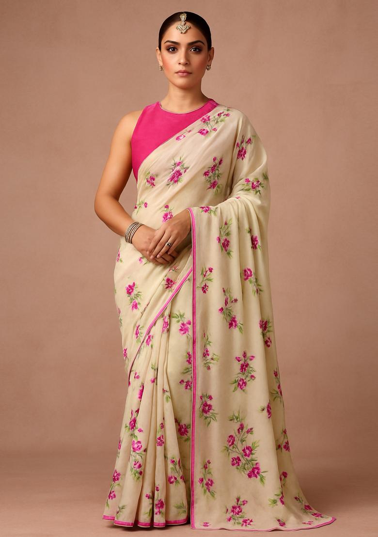 Off White Embroidered Organza Pre Draped Saree Set