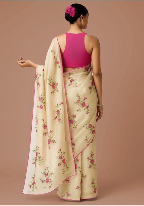 Off White Embroidered Organza Pre Draped Saree Set