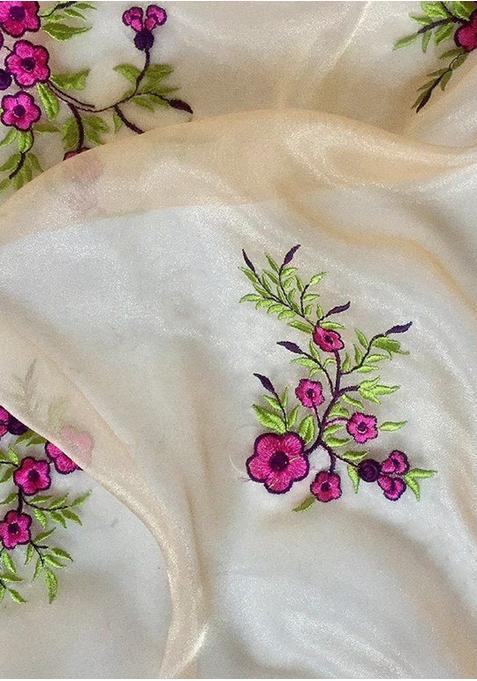 Off White Embroidered Organza Pre Draped Saree Set