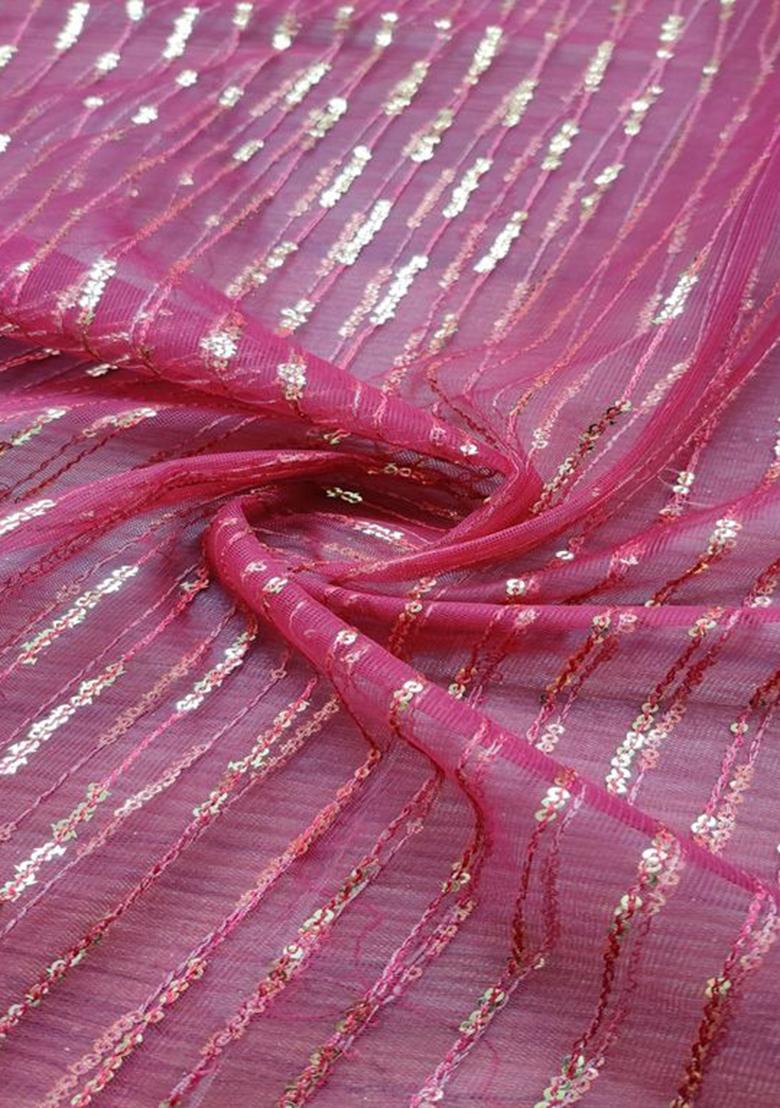 Pink Sequin Embroidered Net Pre Draped Saree Set