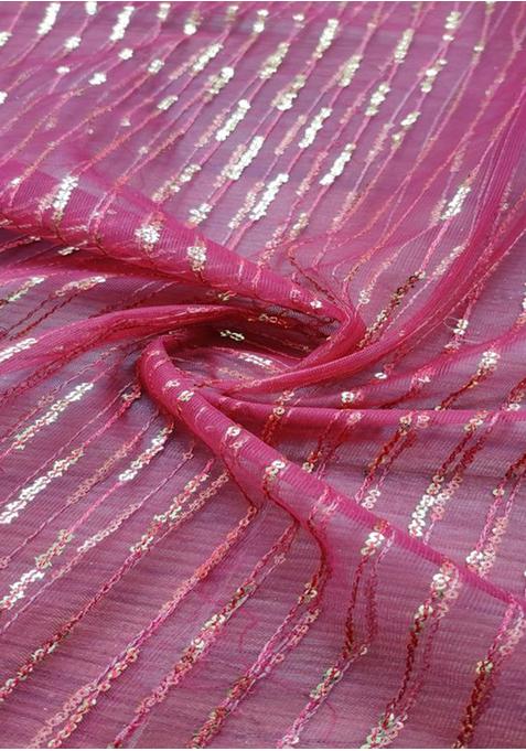 Pink Sequin Embroidered Net Pre Draped Saree Set