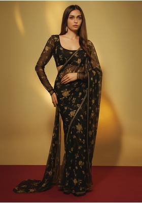 Black Sequin Embroidered Net Pre Draped Saree Set