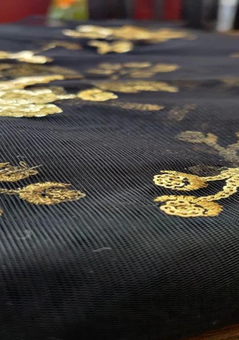 Black Sequin Embroidered Net Pre Draped Saree Set - Indya