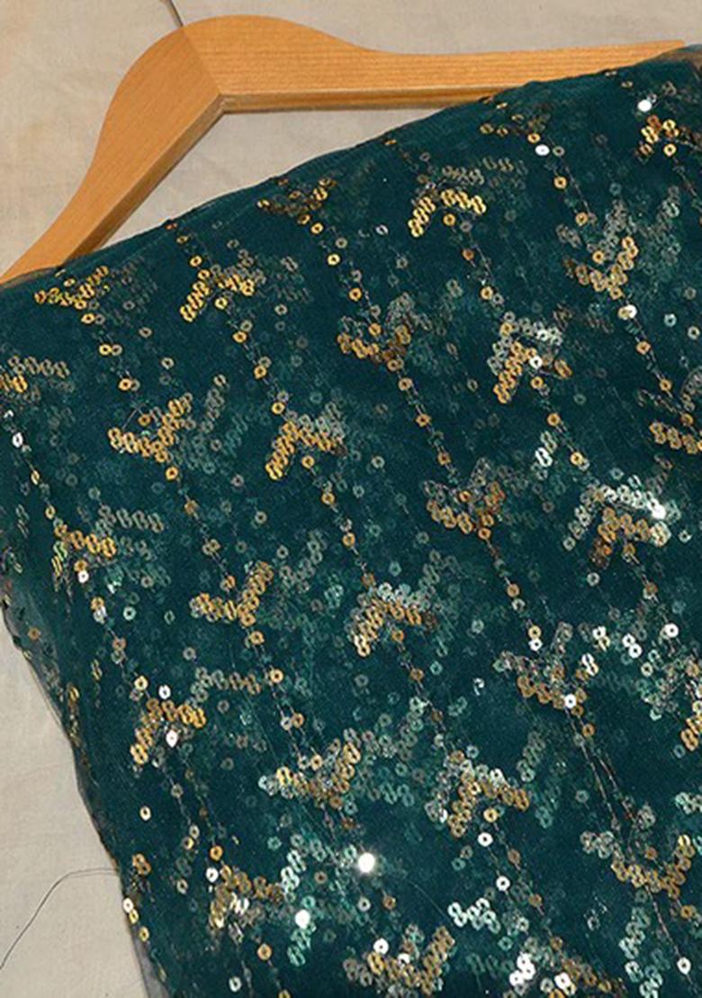 Dark Teal Embroidered Net Pre Draped Saree Set - Indya