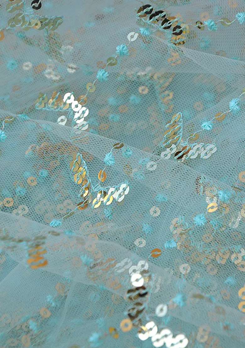 Aqua Sequin Embroidered Net Pre Draped Saree Set - Indya