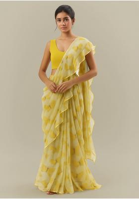 Yellow Printed Organza Pre Draped Saree Set