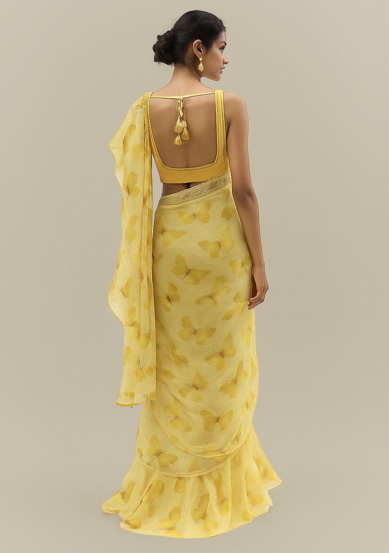Yellow Printed Organza Pre Draped Saree Set - Indya