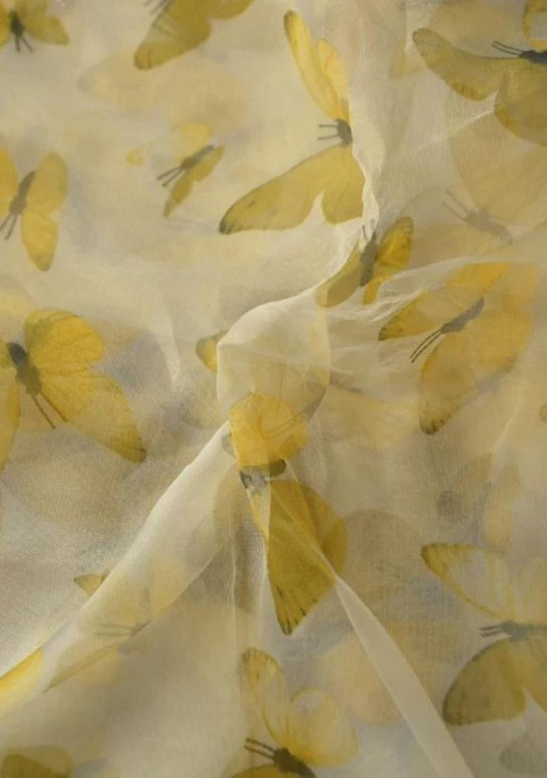 Yellow Printed Organza Pre Draped Saree Set