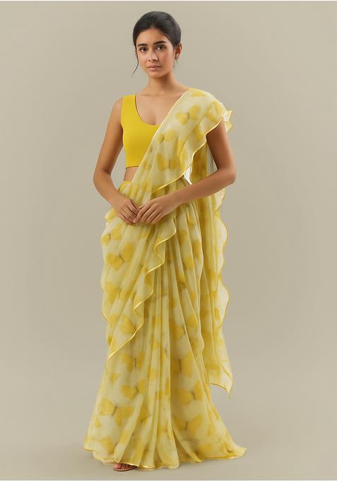 Yellow Printed Organza Pre Draped Saree Set