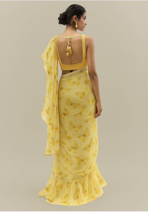 Yellow Printed Organza Pre Draped Saree Set