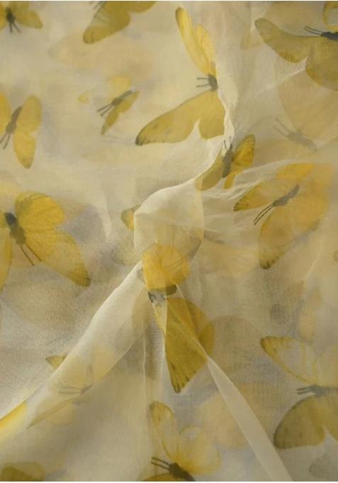 Yellow Printed Organza Pre Draped Saree Set