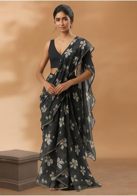 Black Sequin Embroidered Organza Pre Draped Saree Set