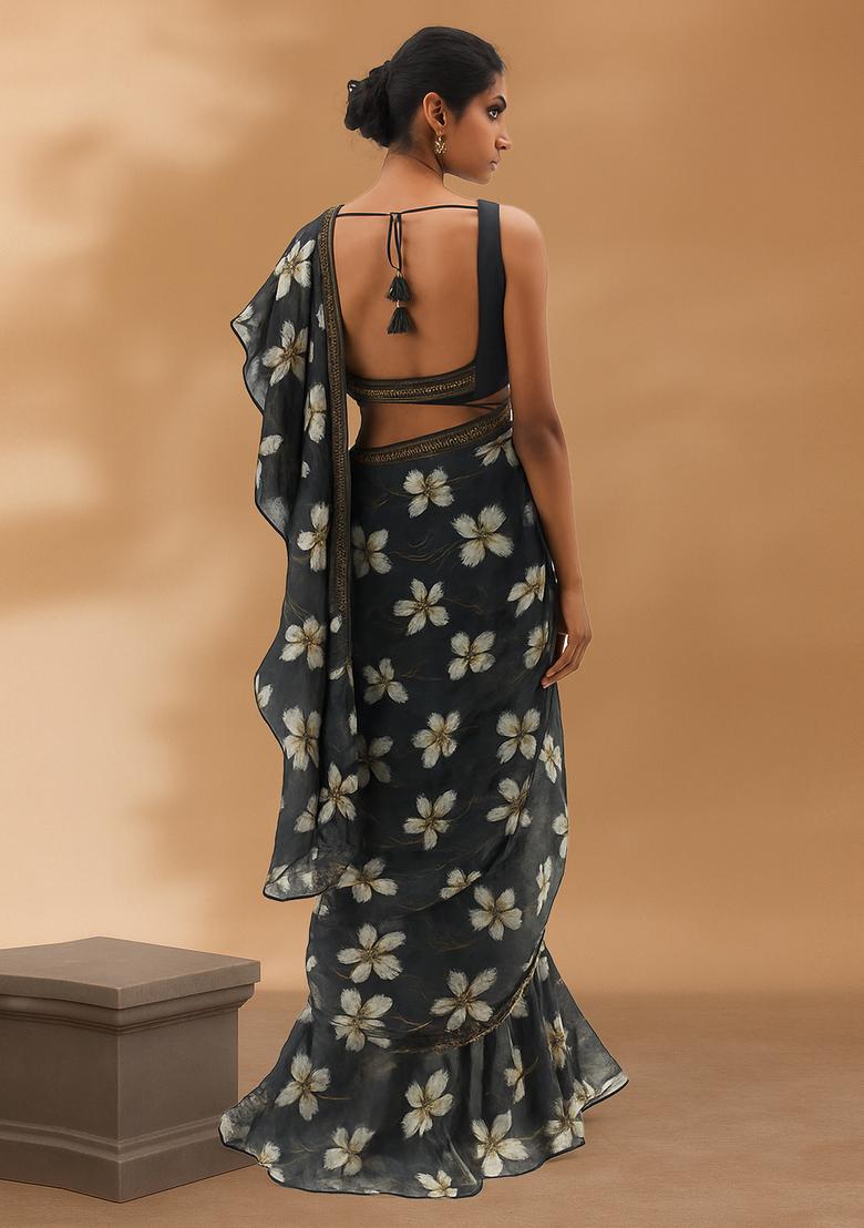 Black Sequin Embroidered Organza Pre Draped Saree Set - Indya