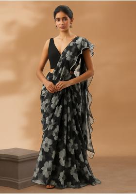 Black Sequin Embroidered Organza Pre Draped Saree Set