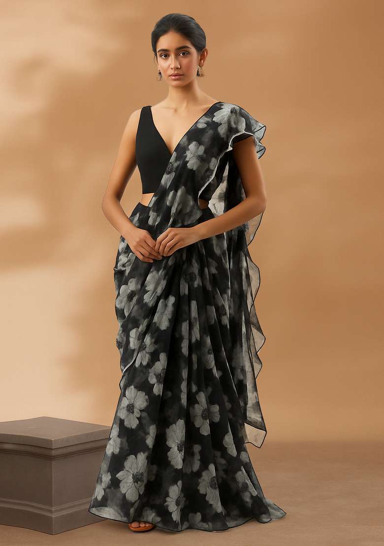 Black Printed Organza Pre Draped Saree Set - Indya