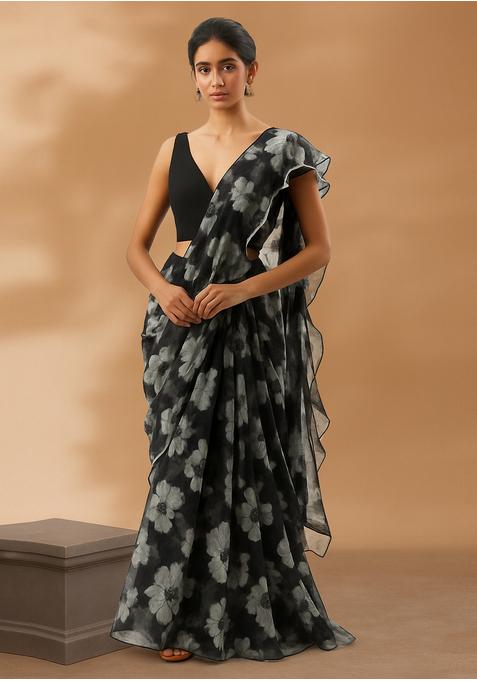 Black Printed Organza Pre Draped Saree Set