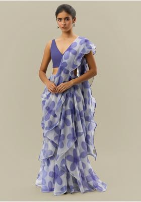 Purple Sequin Embroidered Organza Pre Draped Saree Set